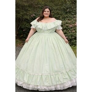 VTG Hoop Skirt  Mint Green Taffeta Prairie Ruffle Romantic Party Prom Dress  XL